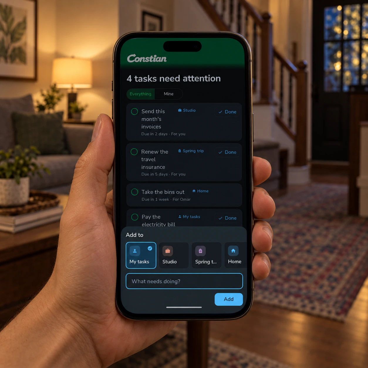 The Constian app showing your own tasks beside tasks from shared spaces, one of them assigned to someone else