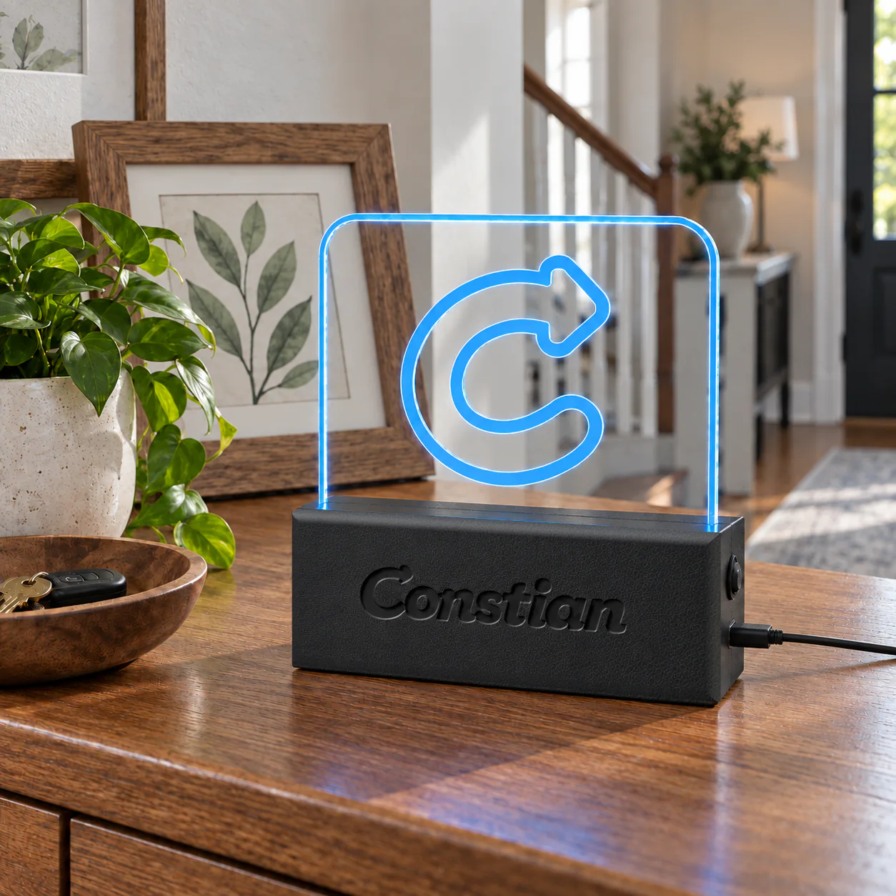 Constian sign glowing blue on a hallway table