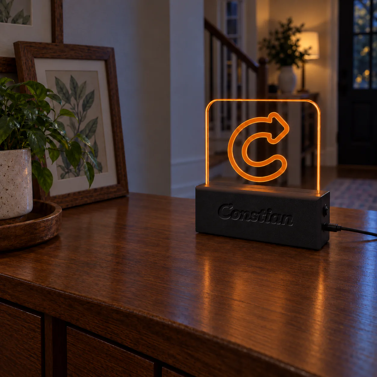 The Constian sign glowing orange on a hallway console