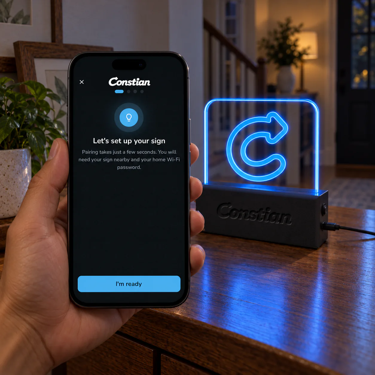 Pairing the Constian sign in the app while it glows blue in pairing mode