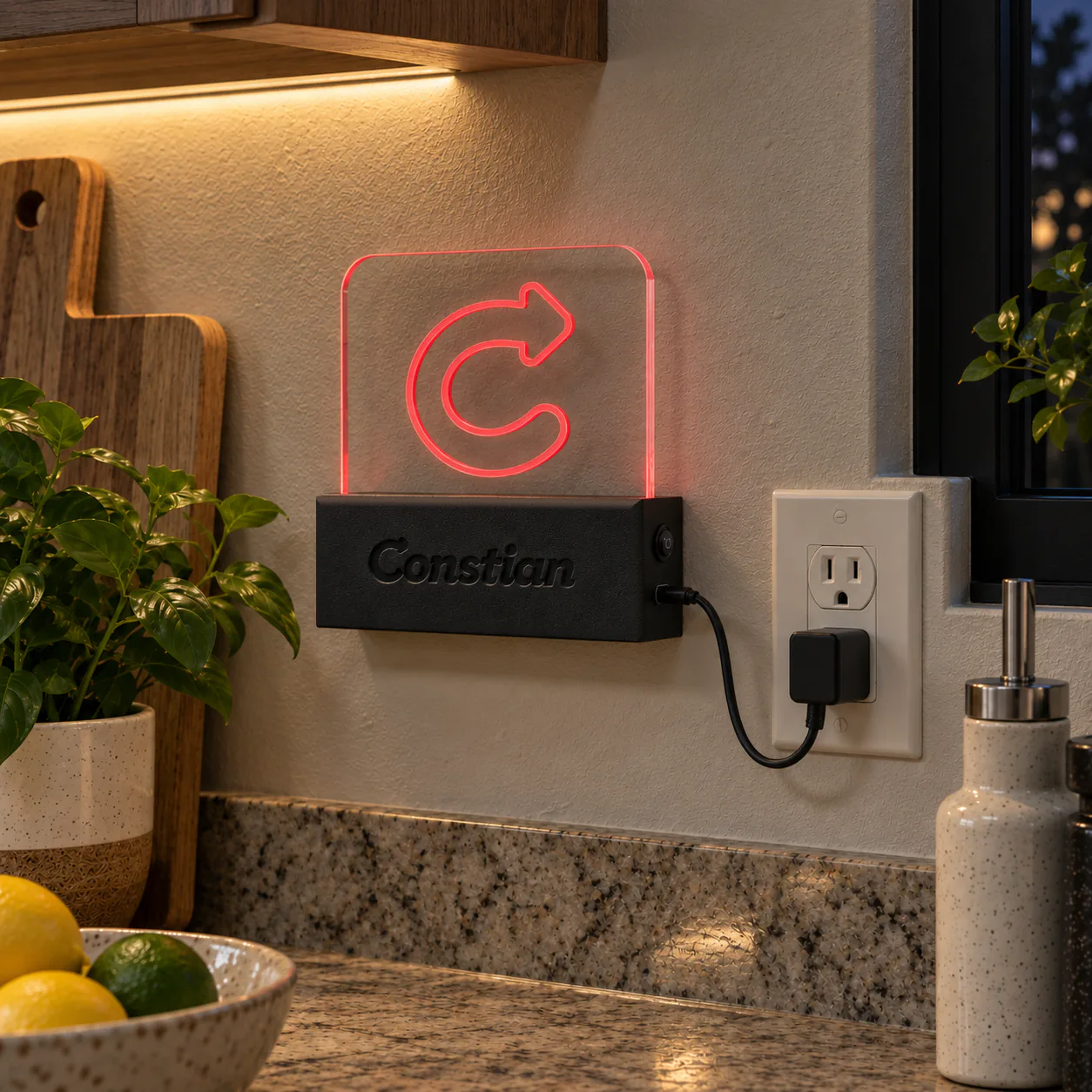 Constian sign glowing red, wall-mounted in a kitchen at night